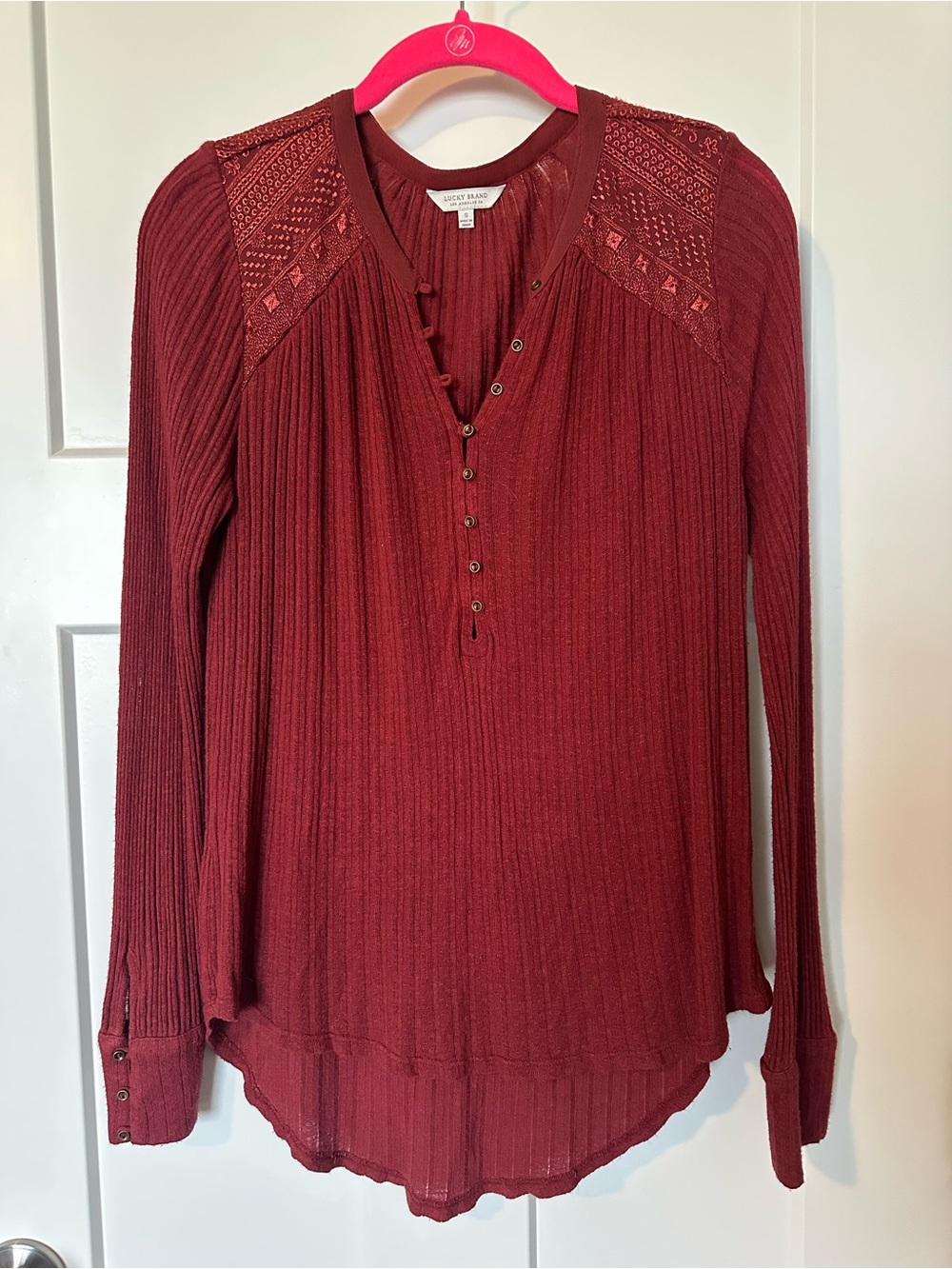 Lucky Brand Women's Ribbed Long-Sleeve Henley in Deep Wine